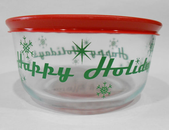 PYREX 4 CUP Storage Bowl HAPPY HOLIDAYS 1-Qt Christmas RED Cover GREEN Snowflake