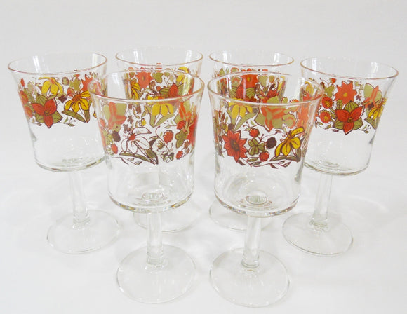 ❤️ 6 Corelle INDIAN SUMMER 8-oz WINE GOBLETS Water Glasses Autumn Orange Floral