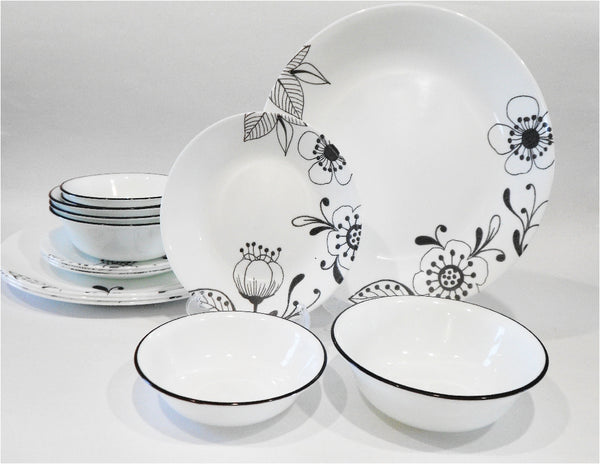 ❤️ 16-pc Corelle INKED POPPY DINNERWARE SET Plates Bowls BLACK