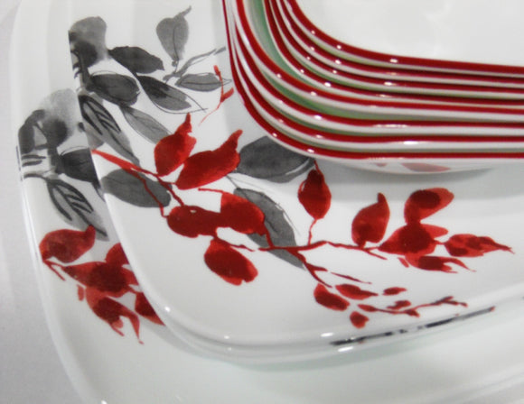 ❤️ 17-pc CORELLE KYOTO LEAVES Dinnerware Set w/ SERVING & DESSERT BOWLS Red Gray
