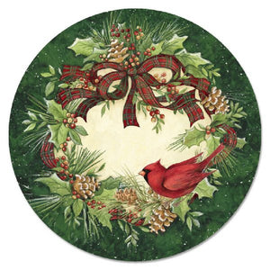 CARDINAL WREATH 13" Tempered Glass LAZY SUSAN Holiday Pine Cones Holly & Ribbon