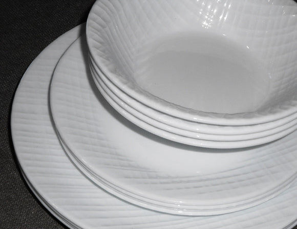 ❤️ 12-pc Corelle LINEN WEAVE DINNERWARE SET Plates Bowls *White Embossed