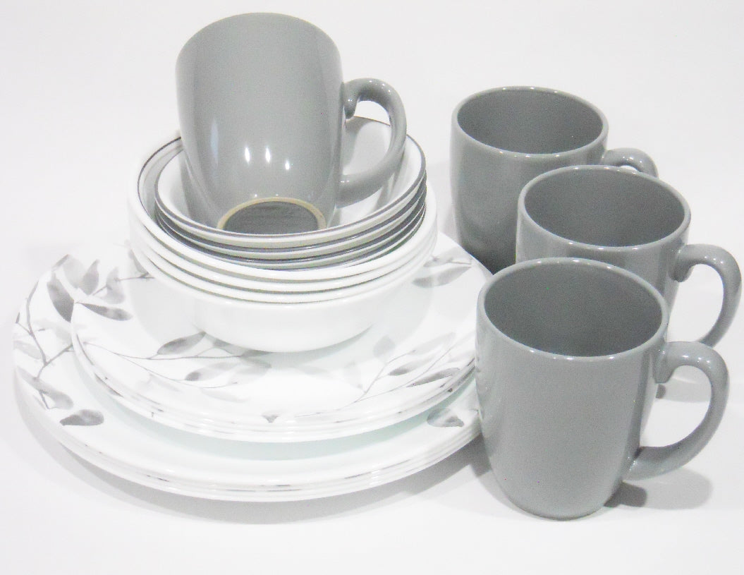 20 pc Corelle MISTY LEAVES DINNERWARE SET Plates Bowls Mugs Gray Grey Watercolors