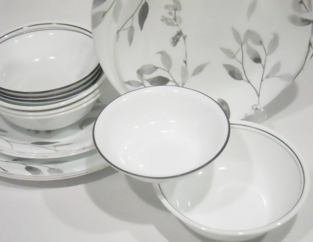 16 pc Corelle MISTY LEAVES DINNERWARE SET Plates Bowls Gray Grey Watercolors