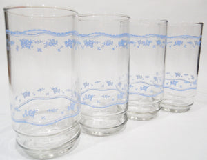 4 Corelle MORNING BLUE Floral 14-oz GLASSES 5 7/8" Iced Tea Pedestal Tumblers