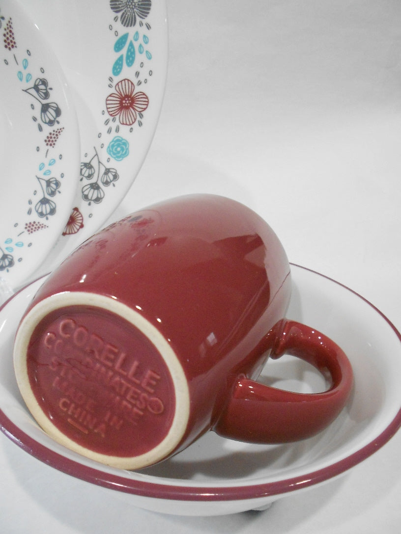 4 New CORELLE 11 oz RASPBERRY Red Stoneware Mugs NORDIC BLOOMS Cre Tarlton Place