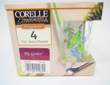 NEW 4 Corelle MY GARDEN 7-oz JUICE GLASSES Summer Floral Garden Yellow Blue Pink