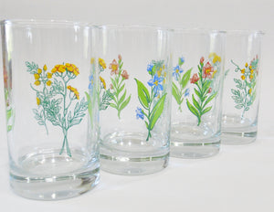 NEW 4 Corelle MY GARDEN 7-oz JUICE GLASSES Summer Floral Garden Yellow Blue Pink