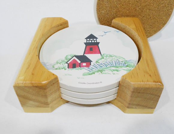 ❤️ NEW 5-pc Corelle OUTER BANKS Coaster & Wood Caddy Set / Lighthouse Nautical