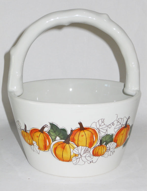 Ceramic PUMPKIN & VINES Thanksgiving Fall Harvest GIFT BASKET 6 3/4