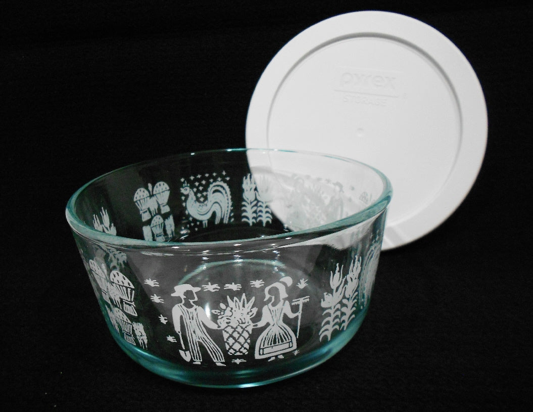 ❤️ PYREX 4 Cup AMISH BUTTERPRINT Glass Storage Bowl WHITE Rooster Whea –  Tarlton Place