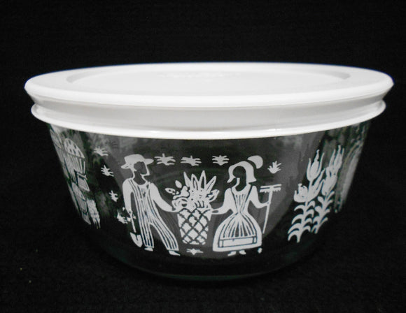 ❤️ PYREX 4 Cup AMISH BUTTERPRINT Glass Storage Bowl WHITE Rooster Wheat Harvest