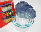 ❤️ NEW 6-pc Pyrex Simply Store GLASS STORAGE BOWLS 7, 4, 2 Cup BLUE Plastic Covers