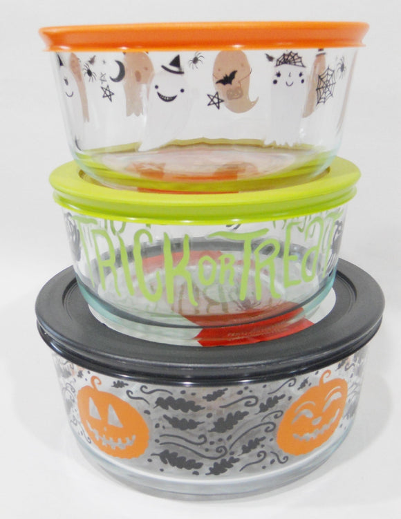 New 6-pc Pyrex HALLOWEEN Storage Bowl Set Trick or Treat Spiders Pumpkins Ghosts