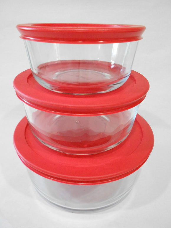 Pyrex (4) 7201 4-Cup Glass Storage Bowls and (4) 7201-PC Poppy Red Plastic Lids, Clear