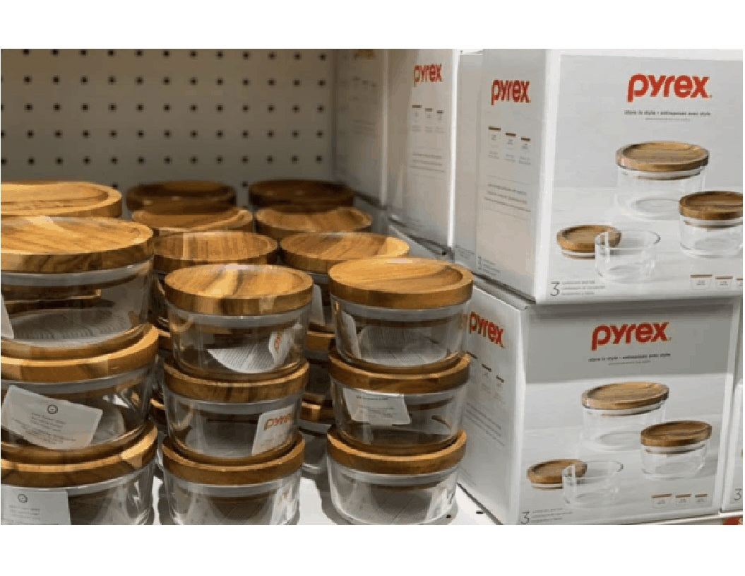 6-pc PYREX Glass Food Storage Container Set w/ WOODEN LIDS 1, 2, 4