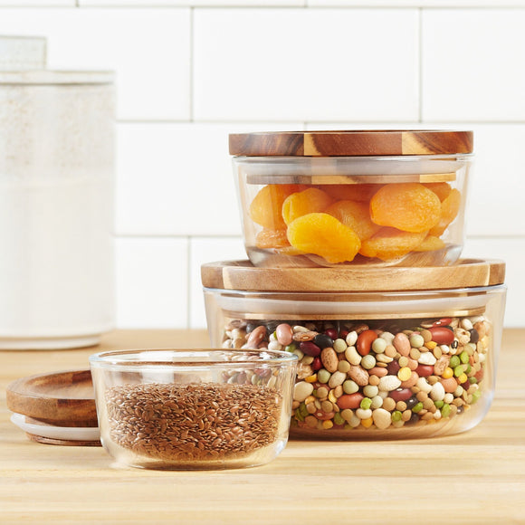 6-pc PYREX Glass Food Storage Container Set w/ WOODEN LIDS 1, 2, 4 Cup BOWLS Dry Goods, Crafts