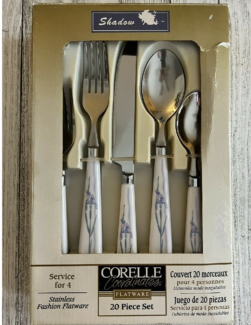 NEW 20 pc Corelle SHADOW IRIS Stainless Steel FLATWARE Set Purple F Tarlton Place