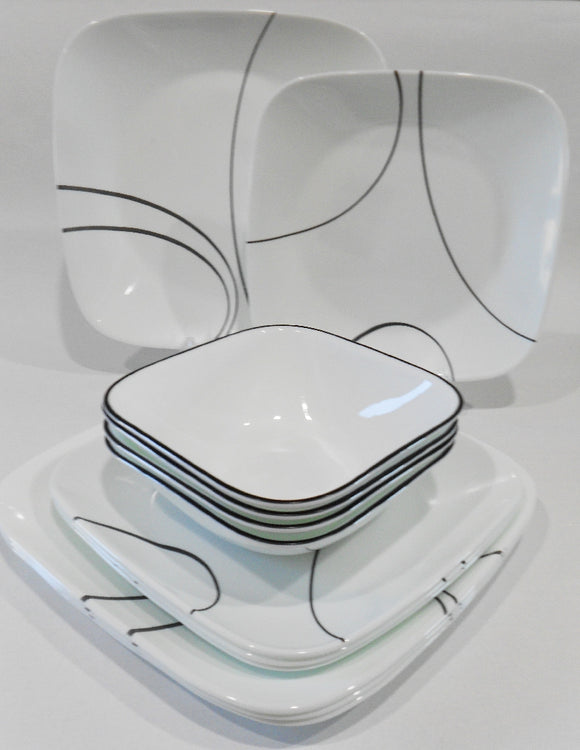 ❤️ 12-pc Corelle Square SIMPLE LINES DINNERWARE SET Plates Bowls *Sweeping Black Arcs