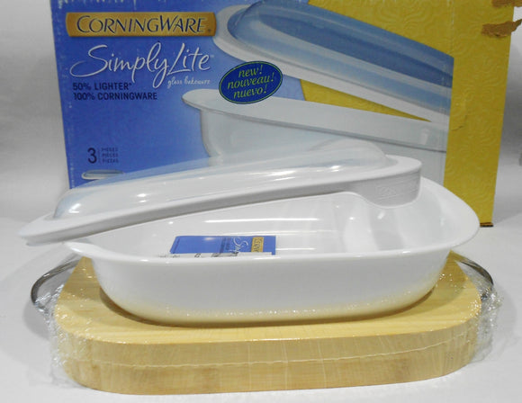 ❤️ 3-pc Corningware SIMPLYLITE 3-Qt OBLONG Casserole Bake Dish, Wood Cradle & Cover