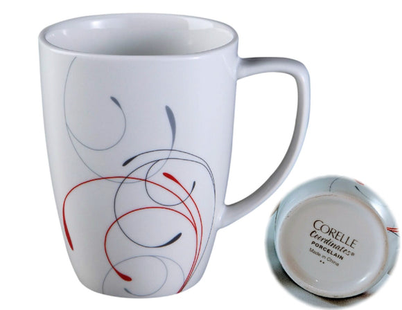 Corelle Square SPLENDOR 12-oz Porcelain MUG Coffee Cup *Red Gray Curled Scrolls