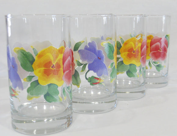 ❤️ New 4 CORELLE Pansy SUMMER BLUSH 7-oz JUICE GLASSES *Yellow Red Purple Floral