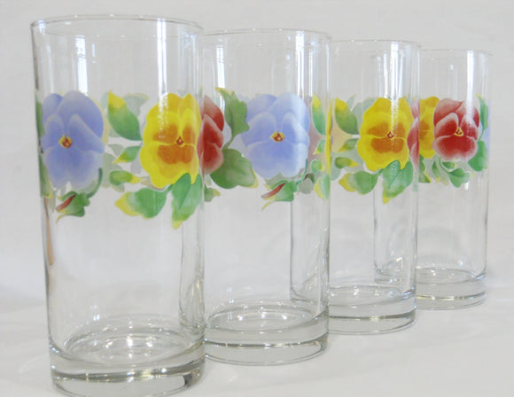 ❤️ New 4 CORELLE Pansy SUMMER BLUSH 16-oz TUMBLER GLASSES Yellow Red Purple Floral