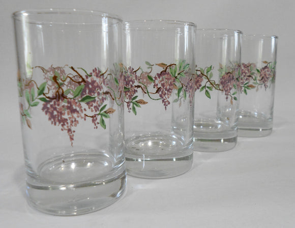 ❤️ 4 Corelle Coordinates WISTERIA 7-oz JUICE GLASSES *Purple Floral & Vines