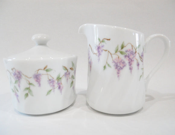 *New CORELLE Porcelain WISTERIA Cream Sugar Set *Purple Floral & Vines White Swirls